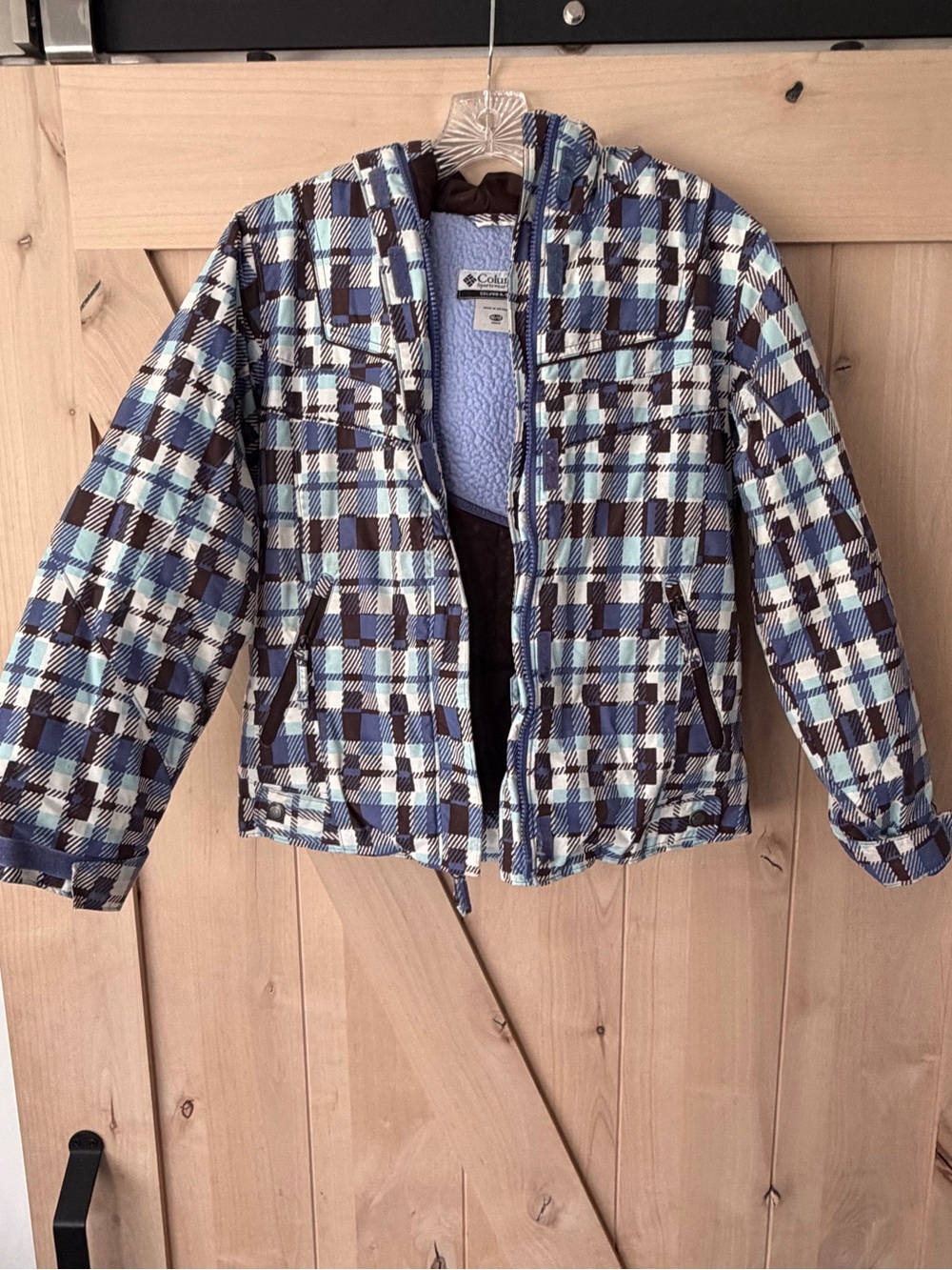 Girls Winter Snowboarding Blue Plaid Hooded Jacket - Picture 2 of 3